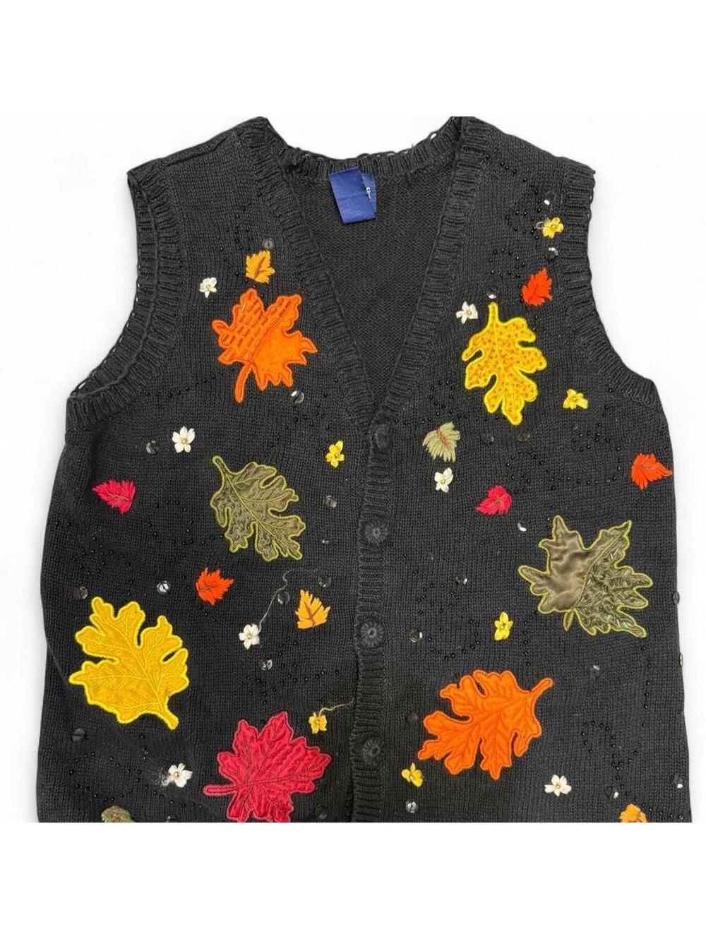 Basic Editions Womens black sweater vest sparkly lead flowers sz M fall